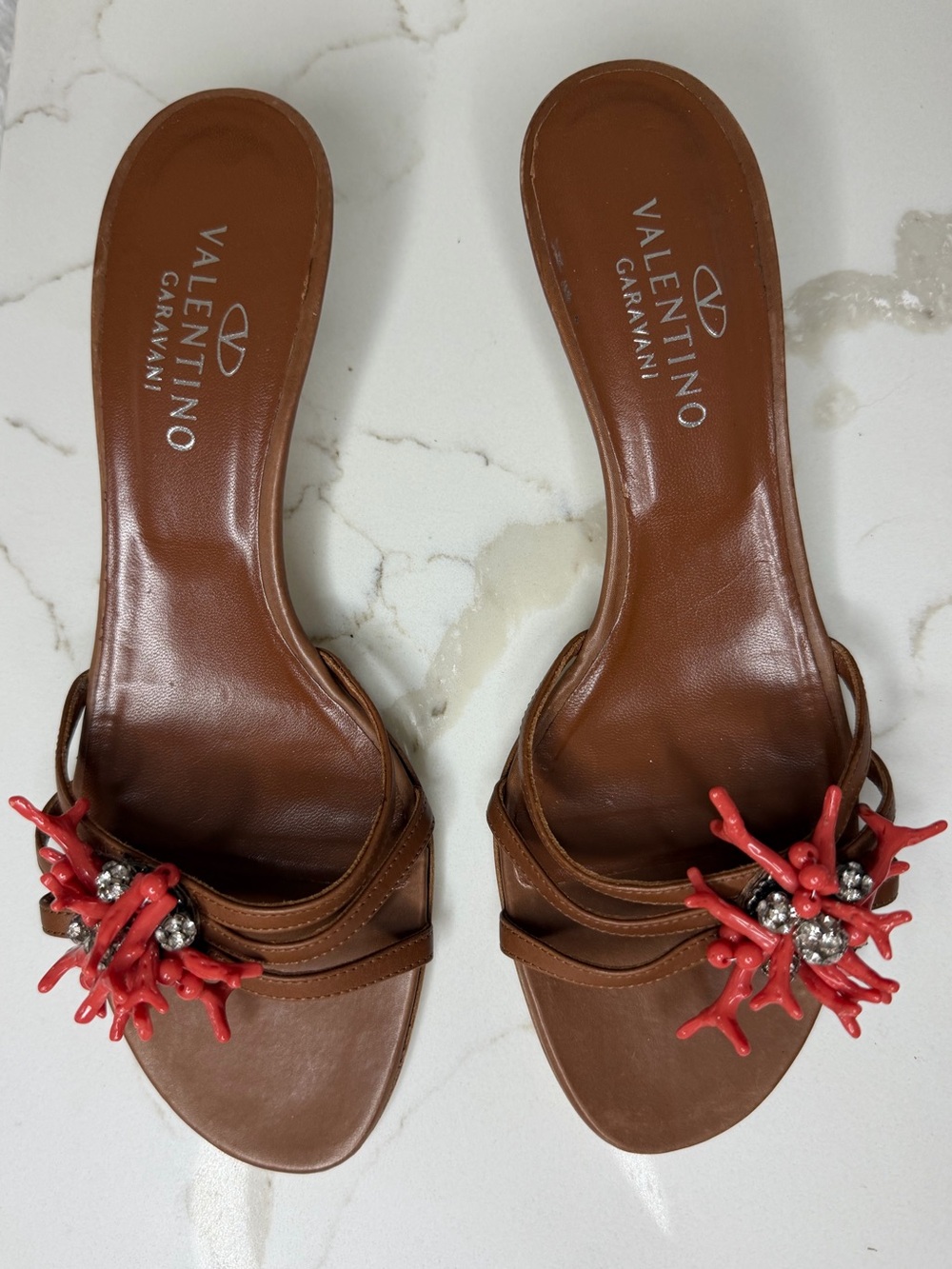 Valentino Brown Leather Slide Sandals with Red Coral Embellishments